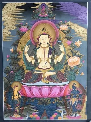 Chengrezig Thangka,Avalokitesvara Thangka-with 24 karat Gold,Seto Machindranath (Brocadeless Thangka)