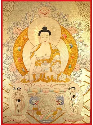 Shakyamuni Buddha Thangka with Silver and Gold (Brocadeless Thangka)