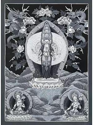 Lokeshvara Black & White Newari Style Thangka (Brocadeless Thangka)