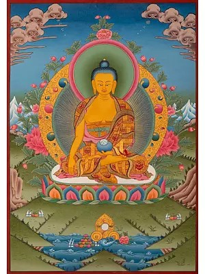 Buddha in Bhumi-Sparsha Mudra Thangka (Brocadeless Thangka)