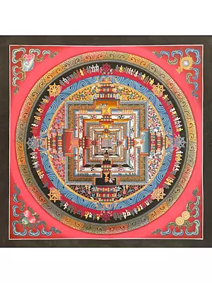 Fine Quality Kalachakra Mandala Palace Representing the Cosmos System with 24k Gold Work (Brocadeless Thangka)