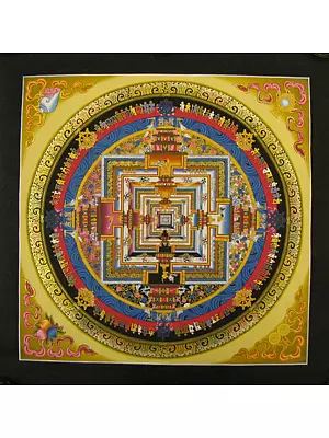 Kalachakra Mandala Palace Worshipped for The Betterment of All The Sentient Beings with 24k Gold Work (Brocadeless Thangka)