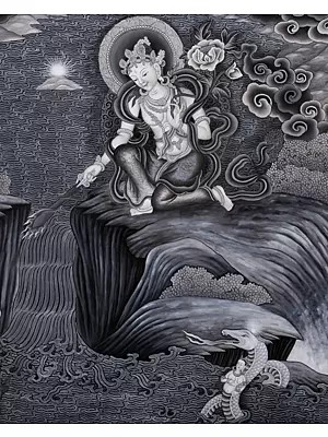 Bodhisattva Manjushri Creating Kathmandu Valley with Self-Born Light Swayambhu (Brocadeless Thangka)