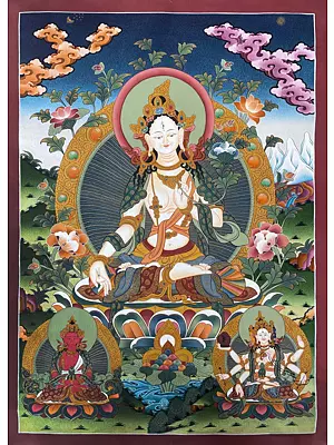 Seated Goddess White Tara Thangka (Brocadeless Thangka)