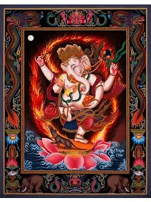 4 Armed Standing Ganesha in Nevari Style with Naga Motifs|Newari thangka (Brocadeless Thangka)