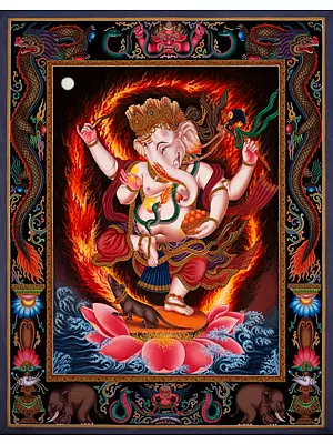Standing Ganesha in Nevari Style with Naga Motifs|Newari thangka (Brocadeless Thangka)