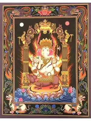 Sitting Ganesh in Newari Style with Dragon Motifs (Brocadeless Thangka)