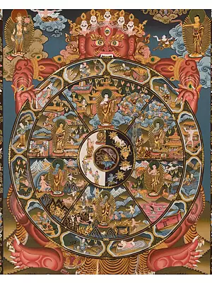 Wheel Of Life With Dragon and Auspicious Motif (Brocadeless Thangka)