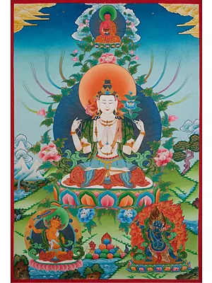 Chengrezig Thangka | Avalokitesvara Thangka with 24k Gold (Brocadeless Thangka)
