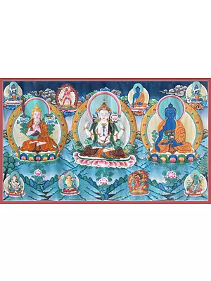 Chengrezig Menlha Vertical Figure Thangka (Brocadeless Thangka)