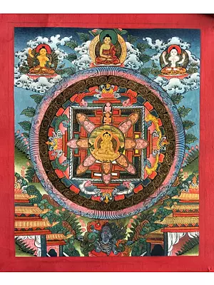 Buddha With Chakra (Brocadeless Thangka) | 24 Carat Gold, Gouache & acrylic colors on Cotton Canvas