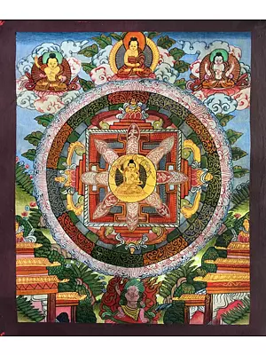 Buddha In Center (Brocadeless Thangka) | 24 Carat Gold, Gouache & acrylic colors on Cotton Canvas
