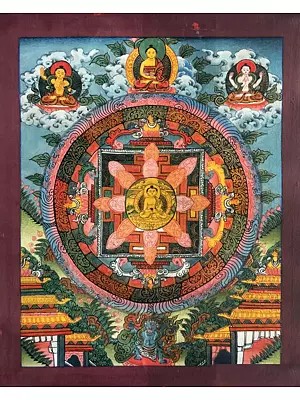 Buddha with Mandala Thangka (Brocadeless ) | 24 Carat Gold, Gouache & acrylic color on Cotton Canvas