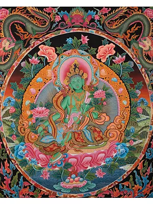 Green Tara Thangka Painting Newari Style (Brocadeless Thangka)