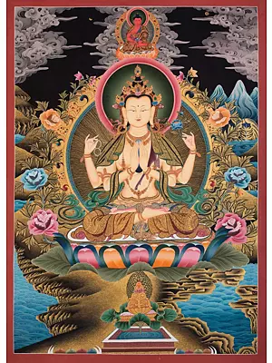 4 Armed Chengrezig Flanked by Boddhisattvas Vajrapani and Manushree with Real 24k Gold (Brocadeless Thangka)