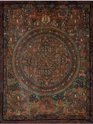 Original Vintage  Hand Painted Mandala  Thangka with Brocade