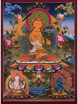 Wisdom Deity Manjushree Flanked by Chengrezig (Brocadeless Thangka)
