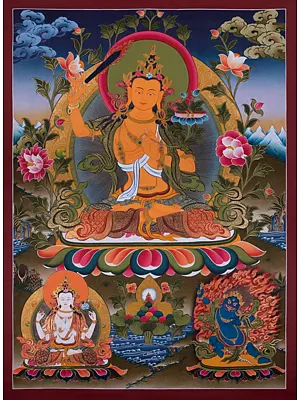Wisdom Deity Manjushree Flanked by Chengrezig (Brocadeless Thangka)