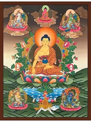 Shakyamuni Buddha Flanked by Boddhisattvas Thangka (Brocadeless Thangka)