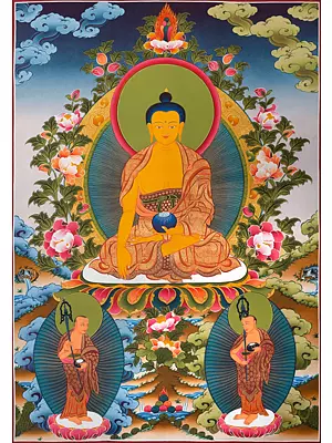 Buddha Shakyamuni with His 2 Chief Disciples (Brocadeless Thangka)