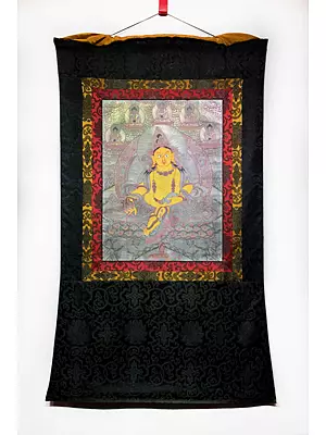 Dzambala in Silver Style with 5 Buddhas on Top of His Head (With Brocade)