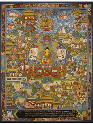 Dragon Border Buddha Life Story with Grey Color Tone (Brocadeless Thangka)