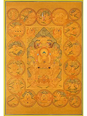 All Gold Style Buddha Life Story Depicted Inside 18 Circles (Brocadeless Thangka)