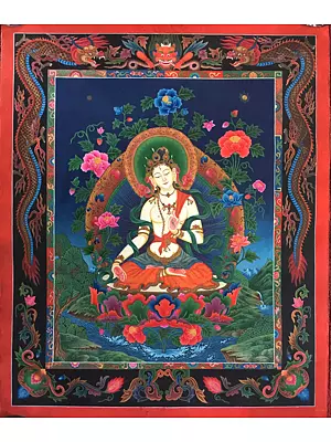 Newari Style White Tara Thangka Painting (Brocadeless Thangka)