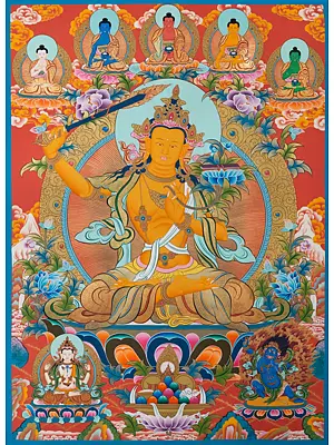 Manjushree with 5 Dhyani Buddhas Thangka (Brocadeless Thangka)