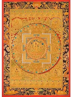 Fine Quality Golden White Tara Mandala Thangka with Dragon Border (Brocadeless Thangka)
