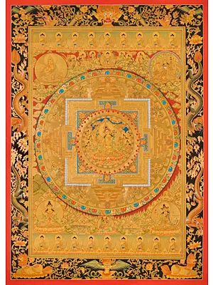 Fine Quality Golden White Tara Mandala Thangka with Dragon Border (Brocadeless Thangka)