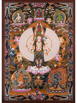 1000 Armed Chengrizig Surrounnded by Boddhisatwas with Dragon Motif (Brocadeless Thangka)