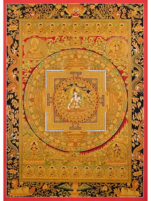 Goddess White Tara in Center Of Mandala | 24 Carat Gold, Gouache & acrylic colors on Cotton Canvas