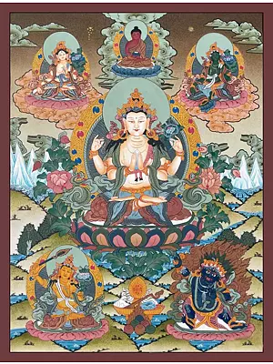 Chengrezig - God And Goddess (Brocadeless ) | 24K Gold, Gouache & acrylic colors on Cotton Canvas