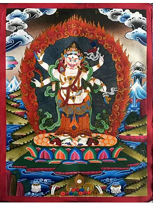 White Six Armed Mahakala Thangka (Brocadeless Thangka)