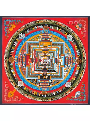 Kalachakra Mandala Palace Representing Five Major Elements of Life with 24k Gold Work (Brocadeless Thangka)