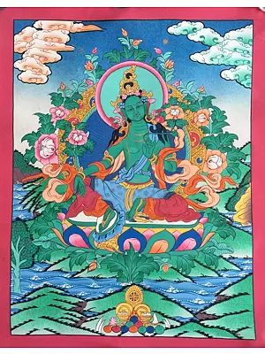 Green Tara Thangka (Brocadeless Thangka)