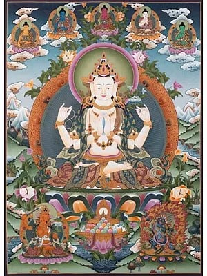 Large Chengrizig with 5 Buddhas (Brocadeless Thangka)