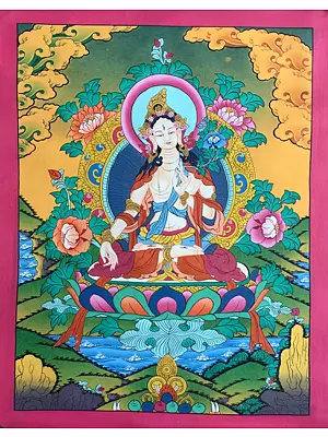Goddess White Tara Thangka (Brocadeless Thangka)