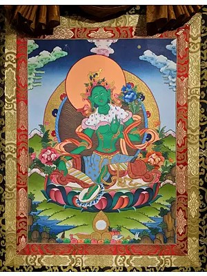 Bright Colored Green Tara with Beautiful Gold Work on a Brocade