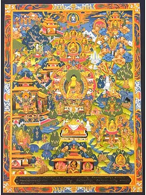 Buddha Life Story with It's Description at The Bottom (Brocadeless Thangka)
