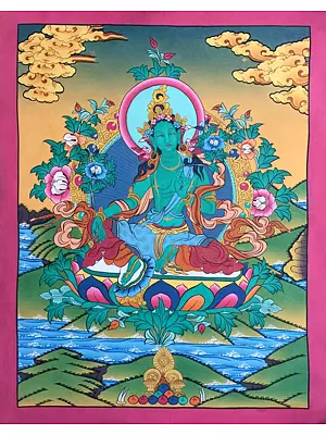 Green Tara Thangka (Brocadeless Thangka)