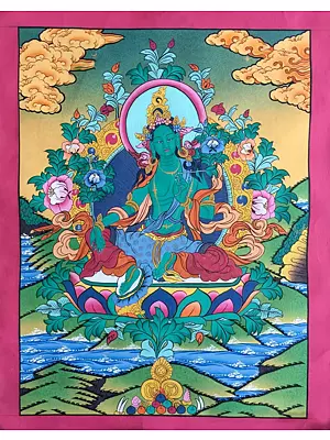 Green Tara Thangka (Brocadeless Thangka)