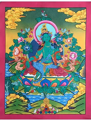 Green Tara Thangka (Brocadeless Thangka)