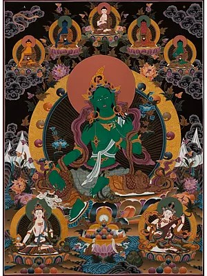 Green Tara Thangka (Brocadeless Thangka)