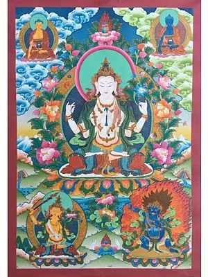 Colorful Chengrezig Flanked by Bodhisattvas (Brocadeless Thangka)