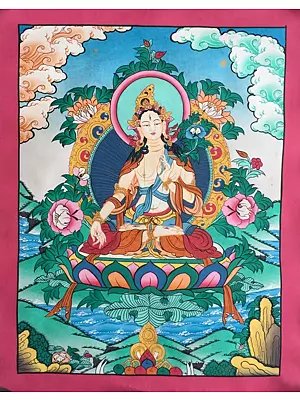 Seated White Tara Thangka (Brocadeless ) | 24 Carat Gold, Gouache & Acrylic Colors on Cotton Canvas