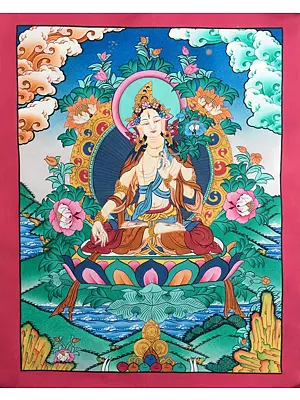 White Tara On Lotus (Brocadeless Thangka) | 24 Carat Gold, Gouache & Acrylic Colors on Cotton Canvas