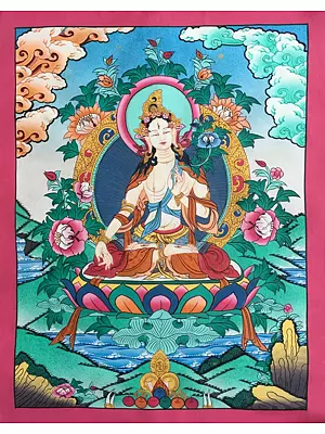 White Tara With Nature (Brocadeless ) | 24 Carat Gold, Gouache & Acrylic Colors on Cotton Canvas