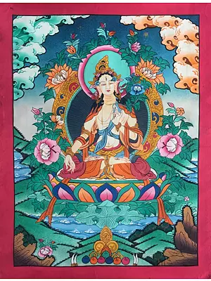 White Tara Thangka (Brocadeless Thangka) | 24 Carat Gold, Gouache & Acrylic Colors on Cotton Canvas